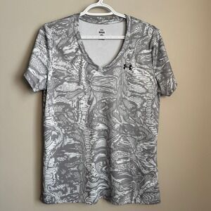 Under Armour Womens Loose Fit V-Neck Short Sleeve Athletic T-Shirt Grey White L